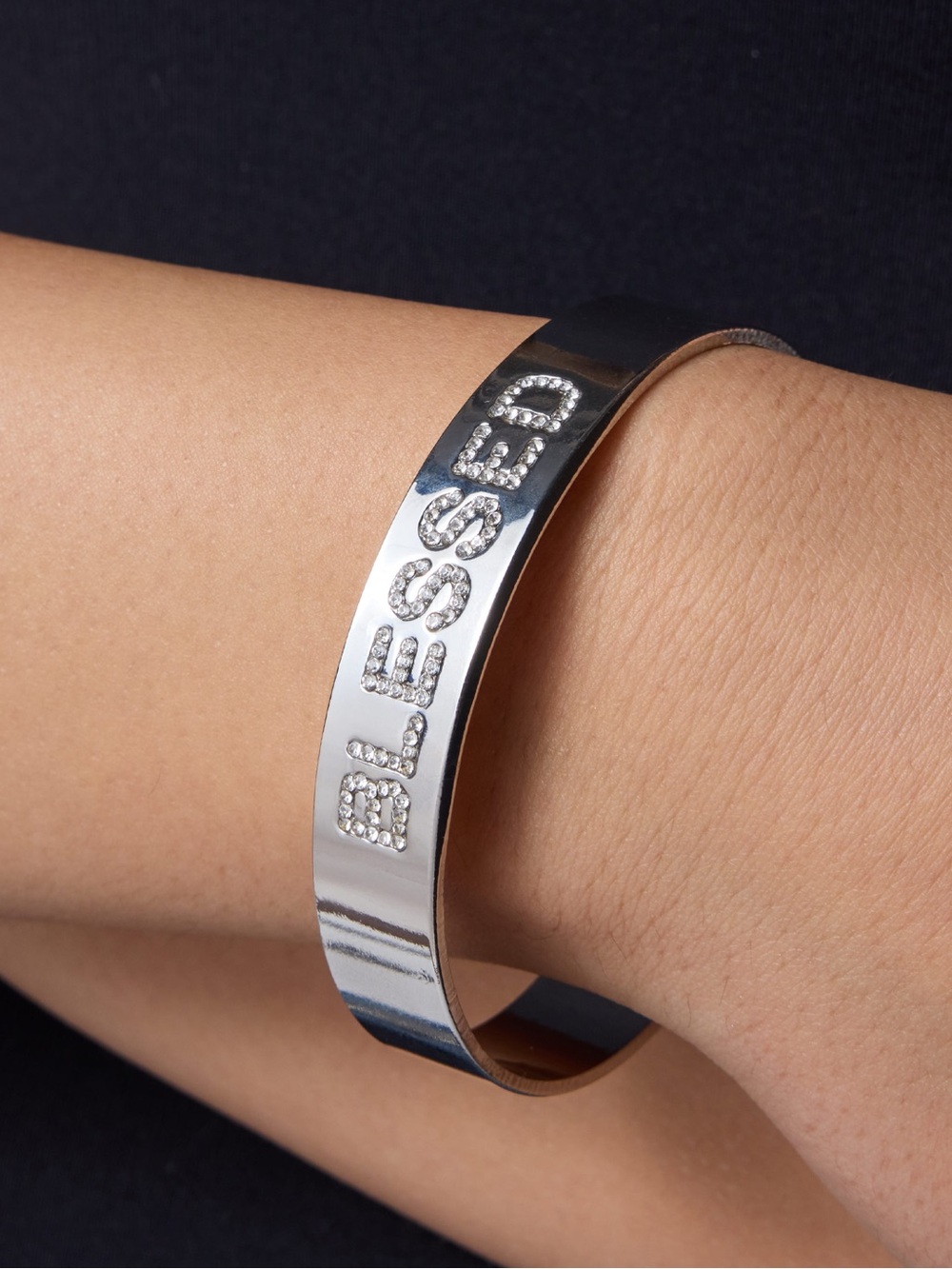 Silver 'BLESSED' Rhinestone Cuff Bracelet - Picture 2 of 2
